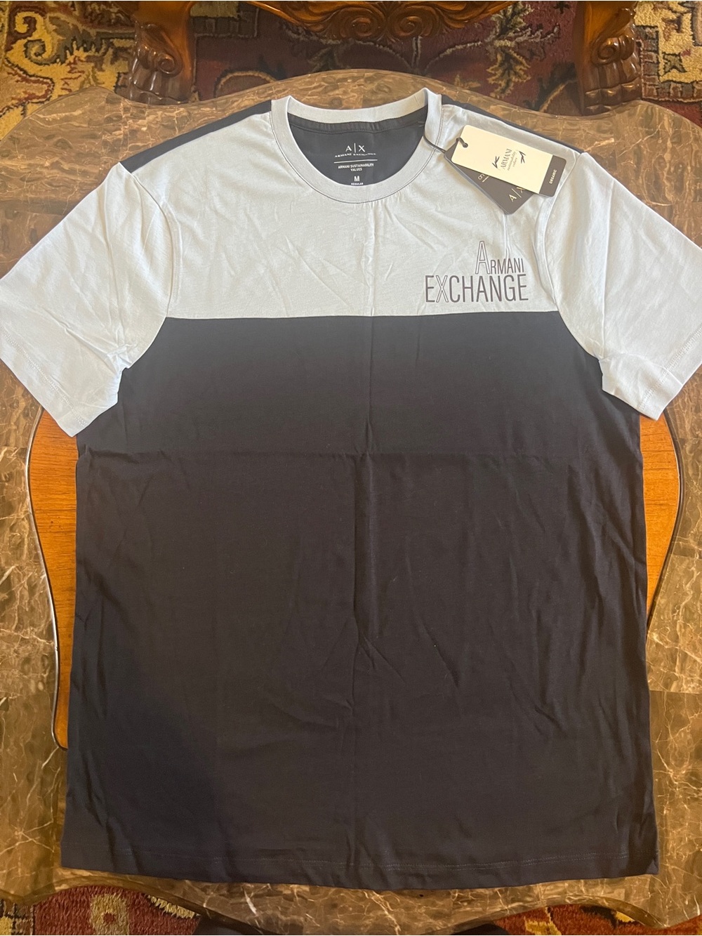 Armani Exchange Light Blue and Navy Colorblock Crew Tee